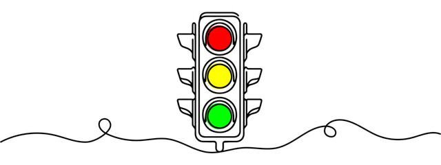 Continuous one line drawing of traffic lights with poles to regulate vehicle travel at road intersections. There are red, yellow, green lights. Single line draw design vector graphic illustration. - obrazy, fototapety, plakaty