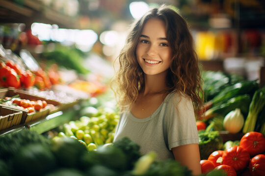 AI generated image of cheerful lovely woman standing in supermarket grocery department  with vegetables