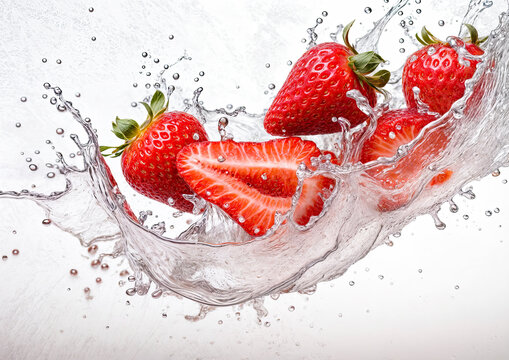strawberries falling into water with splash on a white background