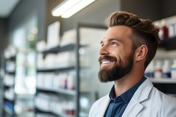 Obraz premium Smiling cheerful confident pharmacist in drugstore store shop Generative AI