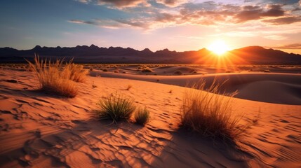 Safari and travel to Africa, extreme adventures or science expedition in a stone desert. Sahara desert at sunrise, mountain landscape with dust on skyline
