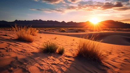Fotobehang Safari and travel to Africa, extreme adventures or science expedition in a stone desert. Sahara desert at sunrise, mountain landscape with dust on skyline © SULAIMAN