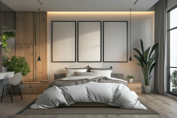 Frames mock ups on wall hanging above bed at cozy luxury home. Modern bedroom comfortable stylish trendy room background. Empty blank pictures canvas interior design decoration mockup.
