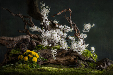 Flower composition. Branch of a blossoming plum. Spring flowers. Flowering plants.