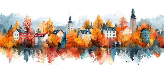Charming depiction of an European town amidst fall season painted in rich watercolor hues