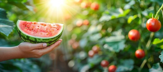 Hand holding watermelon wedge with selection and copy space on blurred background - obrazy, fototapety, plakaty