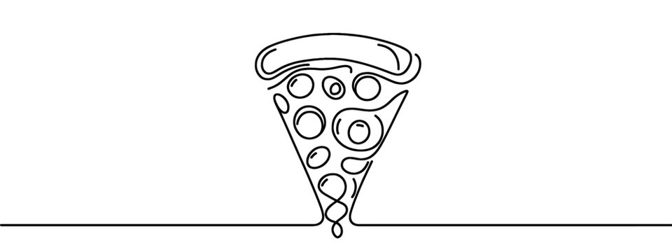 One continuous line pizza slice menu concept. Restaurant food pizzeria icon single line drawing. Hot dinner style vector graphic illustration