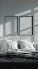 Frames mock ups on wall hanging above bed at cozy luxury home. Modern bedroom comfortable stylish trendy room background. Empty blank pictures canvas interior design decoration mockup.