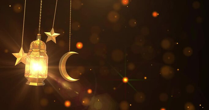 Ramadan kareem greeting card animation footage empty space, decorated with islamic lentern and particle effect