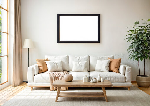 Interior of modern living room with white sofa, coffee table and picture frame