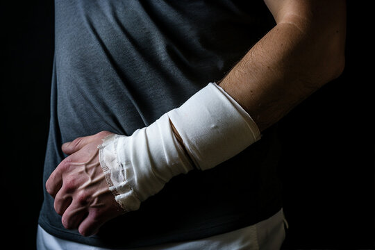 Generated AI image of post surgery bandaged male hand