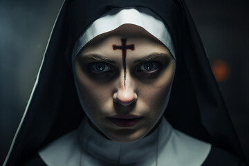 Naklejka premium Mysterious religious person nun priest in church robe serious face expression Generative AI illustration