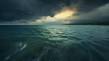 Storm with dark clouds at night over the water of the ocean with waves. Epic historical scenario for a maritime wallpaper.