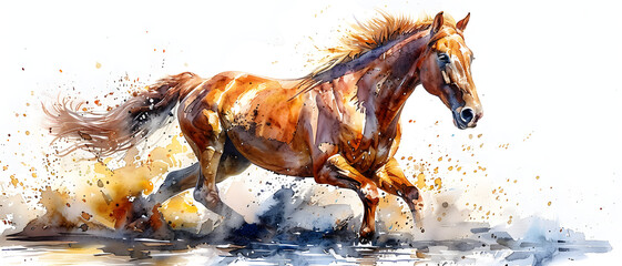 A beautiful watercolor illustration of a chestnut horse trotting with a splash-effect background that accentuates its grace - obrazy, fototapety, plakaty