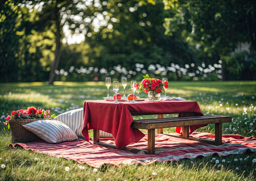 Romantic dinner in the garden Table with red tablecloth, flowers and wine glasses