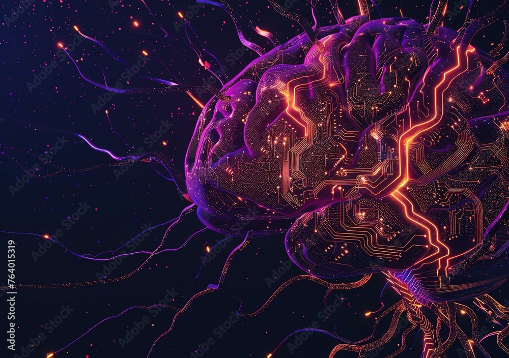 Poster futuristic cybernetic brain interface: detailed visualization of advanced neural networks and artifi