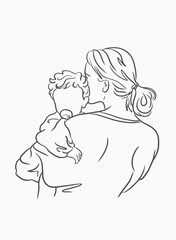Hand drawn mom hug baby vector, sketch mom and baby