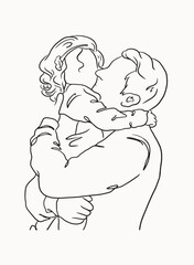 Hand drawn dad hug baby vector, sketch dad and baby