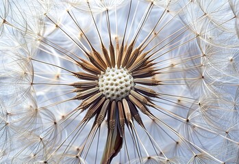 A symphony of nature: an intricate dandelion seed head amid an ethereal glow, reflecting a dance of light and shadow