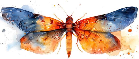 Striking watercolor of a moth combining warm colors and cool tones with splattered ink effects