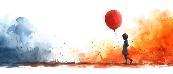 Stark silhouette of a young girl holding a singular red balloon stands against a bold autumnal watercolor explosion