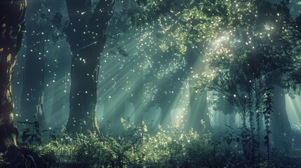 Enchanted Forest at Dawn: A mystical forest bathed in the soft light of dawn, with towering ancient trees, 