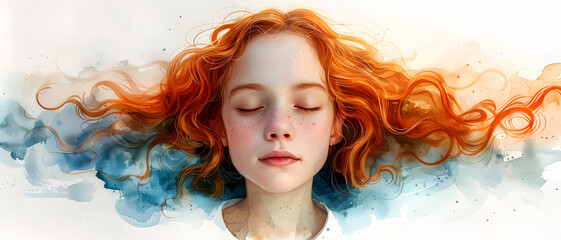 Artistic image of a redhead girl floating amidst beautiful blue and orange watercolor waves - obrazy, fototapety, plakaty