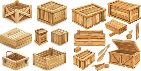 Delivery containers, empty wood boxes and parcels, packed shipping crates isolated vector illustration set