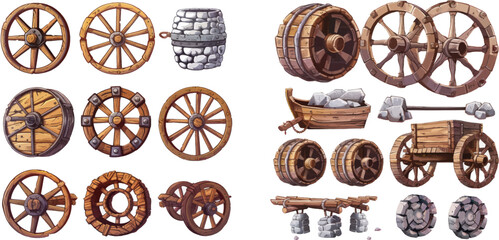 Wooden wheelbarrow, rusty wagon and old stone wheels - obrazy, fototapety, plakaty