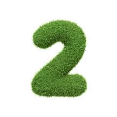 The number 2 shaped from dense green grass, set against a pure white backdrop. Number two. Front view. 3D render illustration