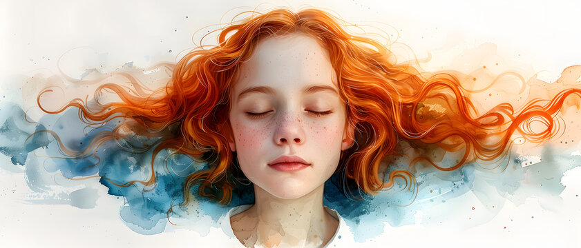 Artistic image of a redhead girl floating amidst beautiful blue and orange watercolor waves