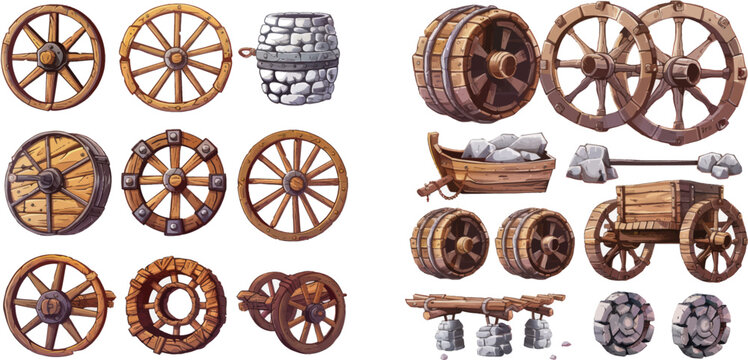 Wooden wheelbarrow, rusty wagon and old stone wheels