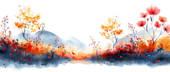 A peaceful watercolor painting depicts a serene landscape with warm autumn colors and delicate floral elements