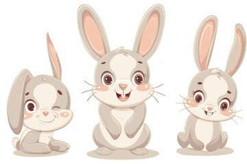 Fototapeta premium Cute and Cartoonish Bunny, Adorable bunny clip art featuring chubby cheeks, expressive eyes, endearing poses, isolated on white background.
