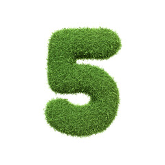 The number 5 shaped from dense green grass, set against a pure white backdrop. Number five. Front view. 3D render illustration