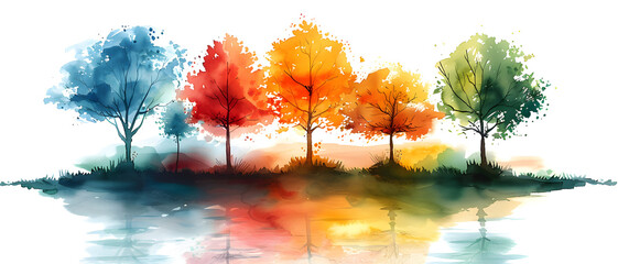 Five watercolor trees in seasonal colors reflecting onto a calm water surface, representing the cycle of nature