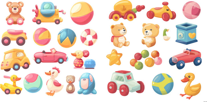 Baby plastic and wooden toys, bear, ball and doll, kids game activity, child fun and activity vector illustration symbols set
