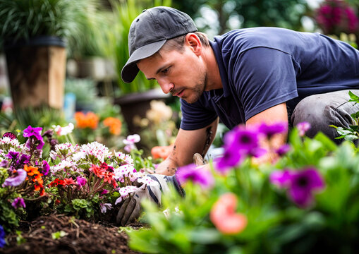 Gardener working in his garden on a sunny day with flowers