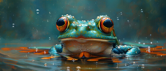 A captivating tree frog is submerged in water surrounded by reflective droplets, creating a serene atmosphere