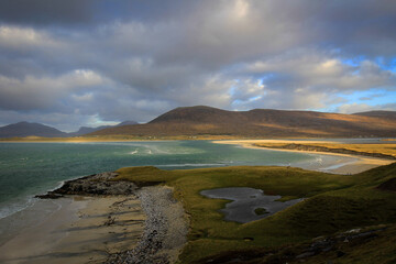 Scenic view of Luskentyre beach by low tide, Isle of Harris, Outer Hebrides, Scotland