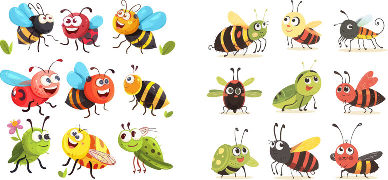 Insect character, bee and wasp, ladybug or ladybird