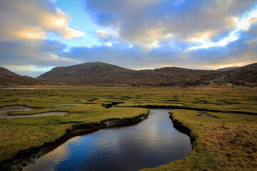 Scenic marshes view near Luskentyre beach, Isle of Harris, Hebrides, Scotland