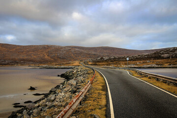 Scenic road view near Luskentyre beach, Isle of Harris, Hebrides, Scotland