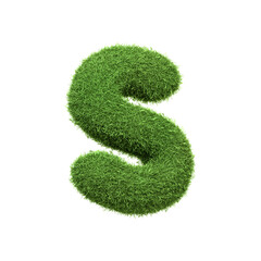 Capital letter S shaped from lush green grass, isolated on a white background. Side view. 3D render illustration