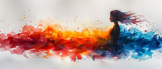 A dynamic depiction of a female figure amid colorful watercolor splashes representing emotion - obrazy, fototapety, plakaty