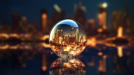 Creative image of cityscape and abstract globe with connected hr icons. Global network concept - obrazy, fototapety, plakaty