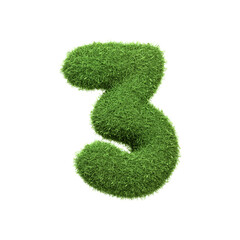 The number 3 shaped from dense green grass, set against a pure white backdrop. Number Three. Front view. 3D render illustration