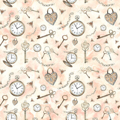 Pocket watch, keys, chain, lock, moths on a peach background. Watercolor seamless pattern with vintage elements. Hand drawn retro illustration. Template for wallpaper, scrapbooking, wrapping, textile.