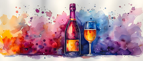 Artistic watercolor rendering of a wine bottle and glass with a backdrop of fluid, color bursts suggesting a sense of indulgence and revelry - obrazy, fototapety, plakaty