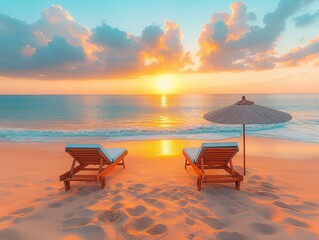Two beach chairs are set up on the sand, with an umbrella providing shade. The scene is peaceful...
